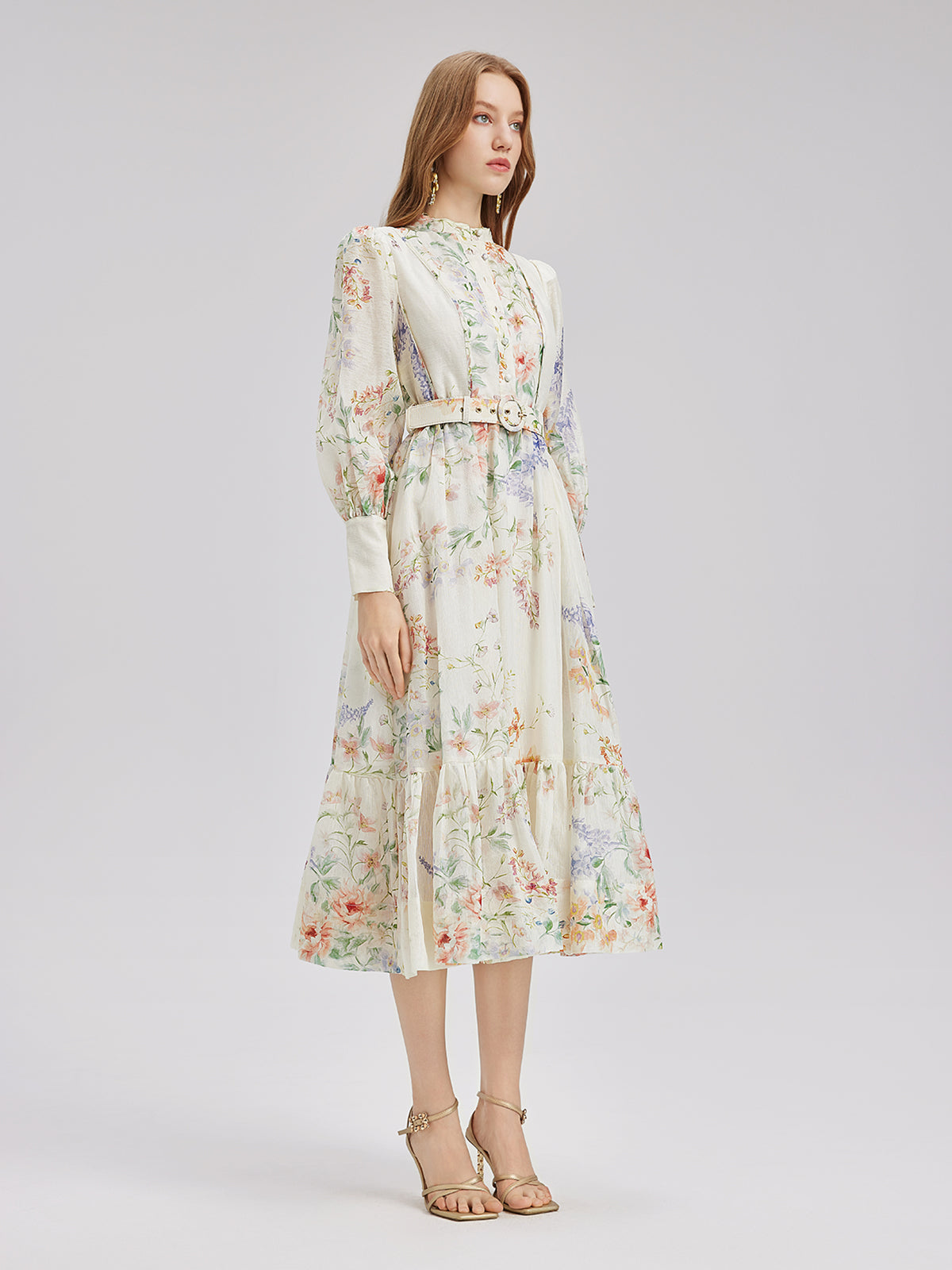 French Floral Print Lantern Sleeve Waist Dress