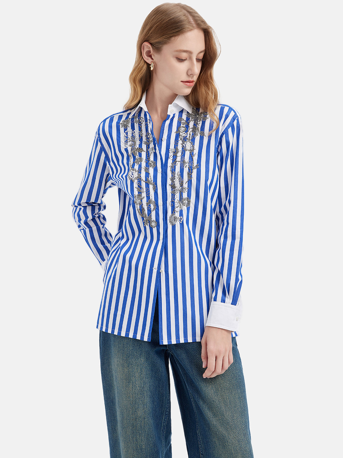 Blue Striped Beaded Cotton Shirt