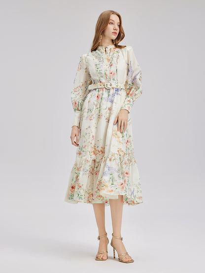 French Floral Print Lantern Sleeve Waist Dress