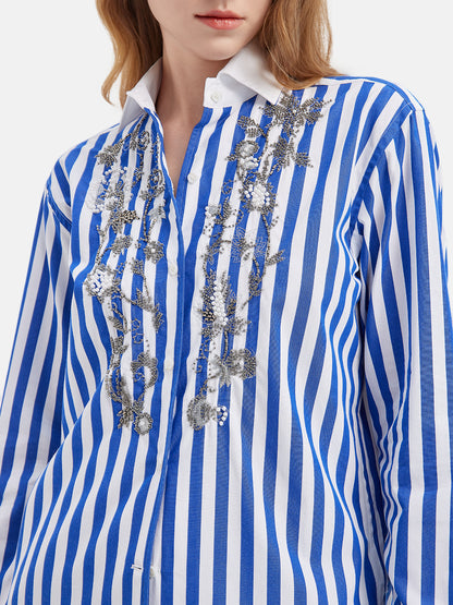 Blue Striped Beaded Cotton Shirt