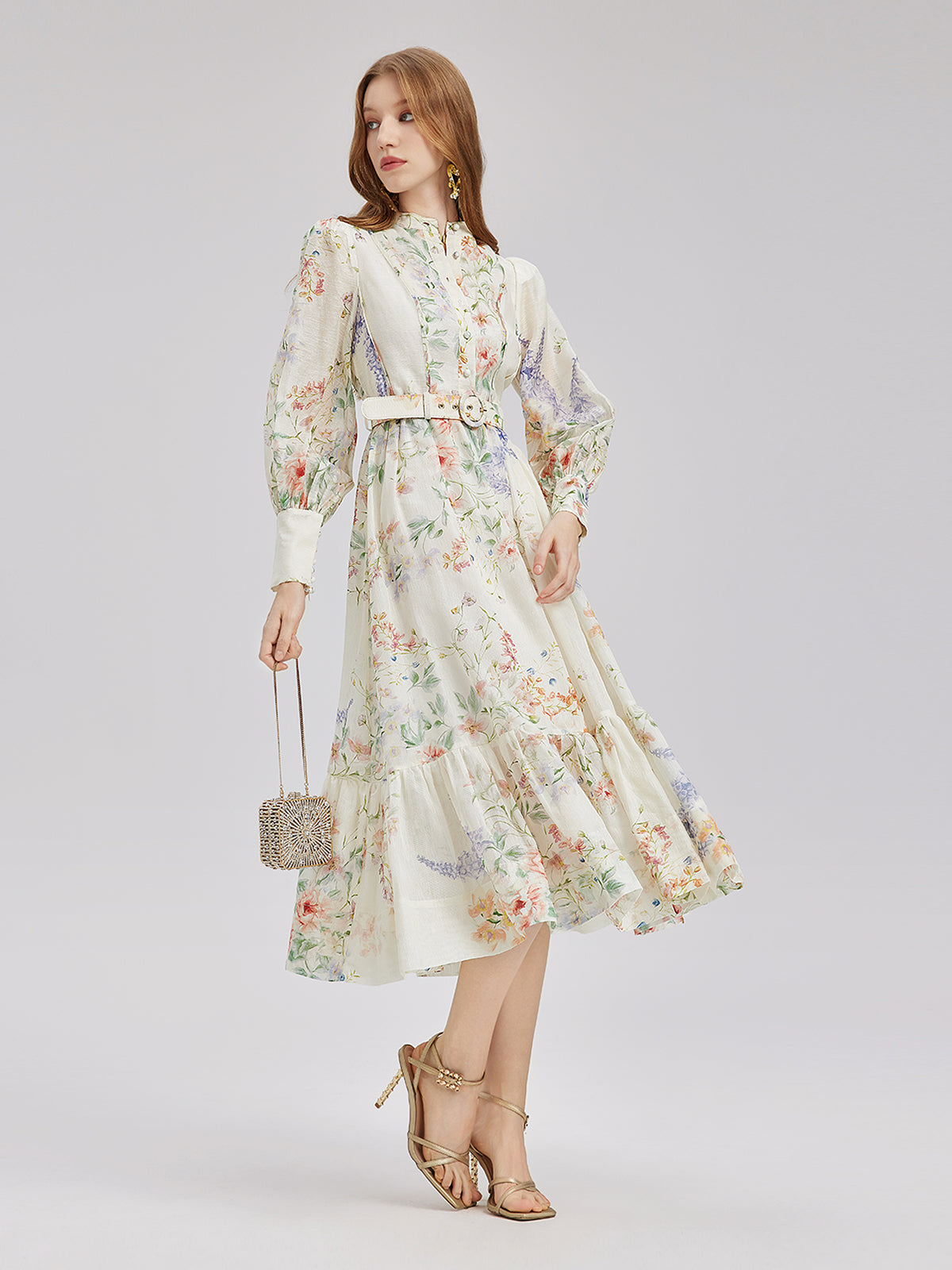 French Floral Print Lantern Sleeve Waist Dress