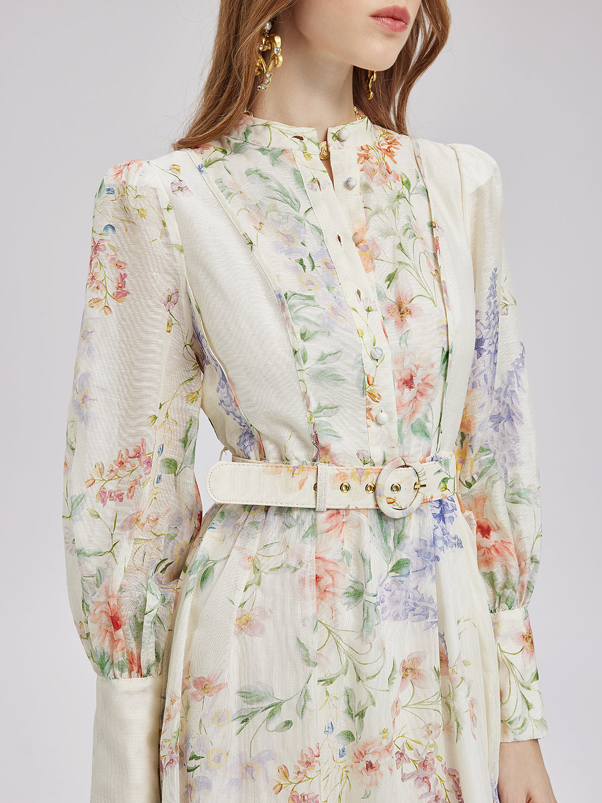 French Floral Print Lantern Sleeve Waist Dress