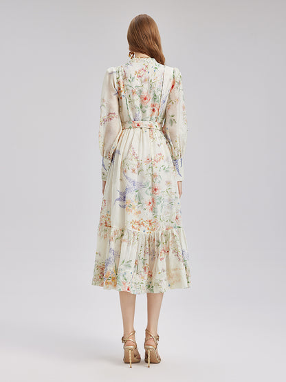 French Floral Print Lantern Sleeve Waist Dress