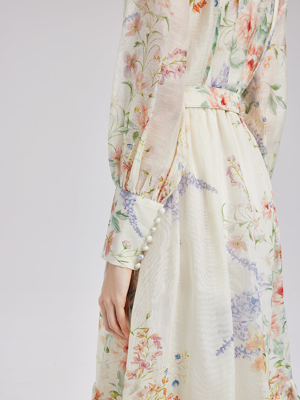 French Floral Print Lantern Sleeve Waist Dress