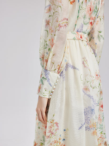 French Floral Print Lantern Sleeve Waist Dress