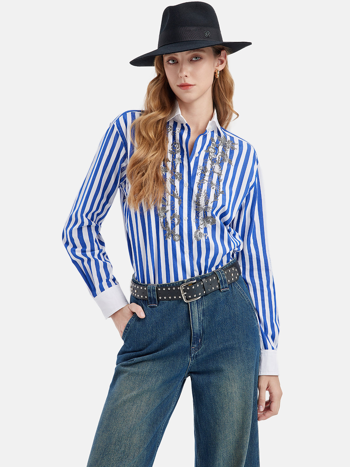 Blue Striped Beaded Cotton Shirt