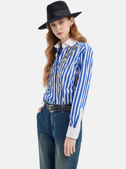 Blue Striped Beaded Cotton Shirt