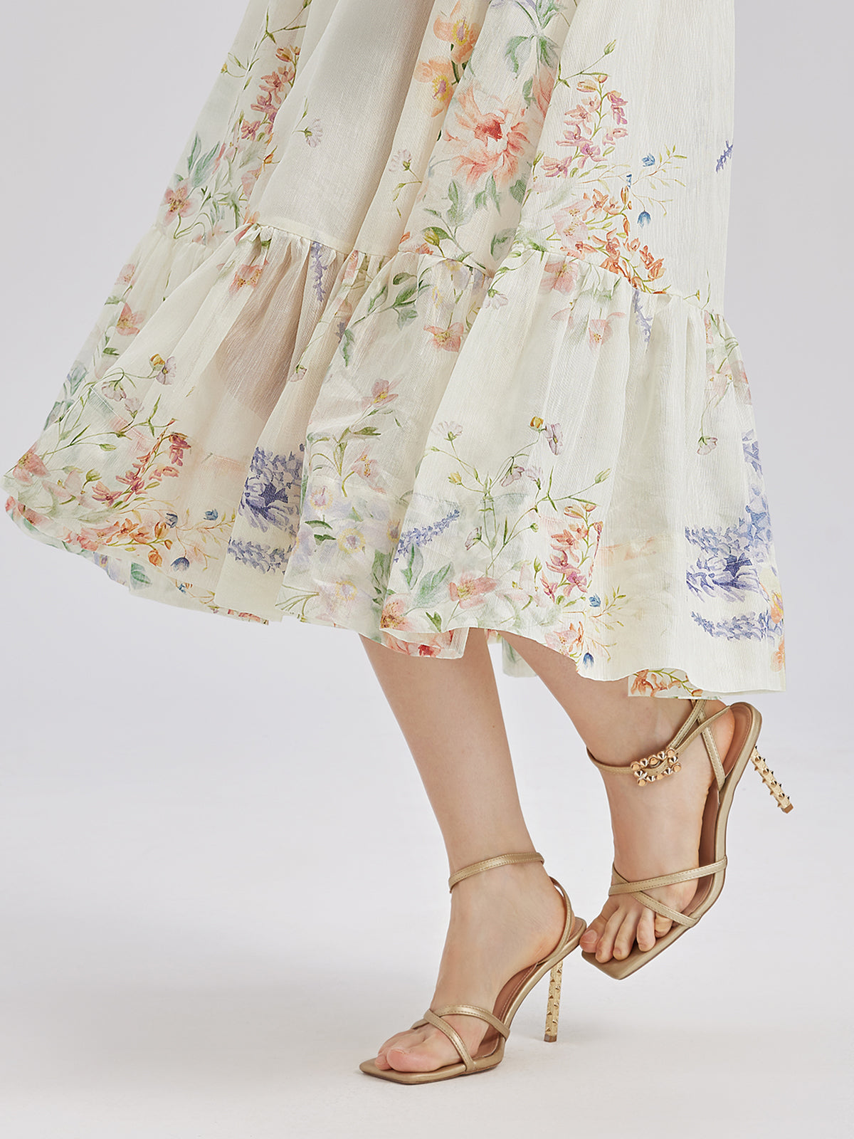 French Floral Print Lantern Sleeve Waist Dress