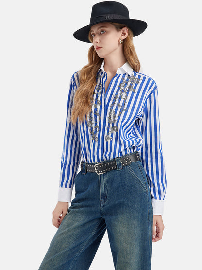 Blue Striped Beaded Cotton Shirt