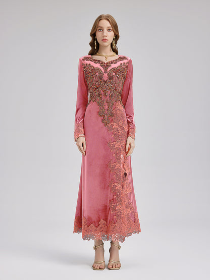 Couture Beaded Lace Velvet Gown