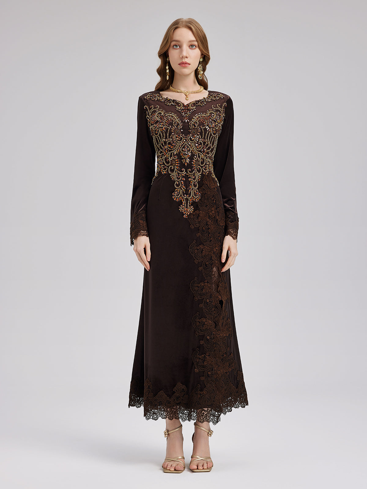 Couture Beaded Lace Velvet Gown