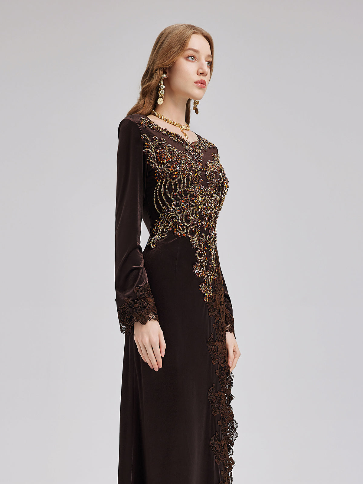 Couture Beaded Lace Velvet Gown