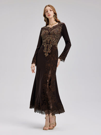 Couture Beaded Lace Velvet Gown