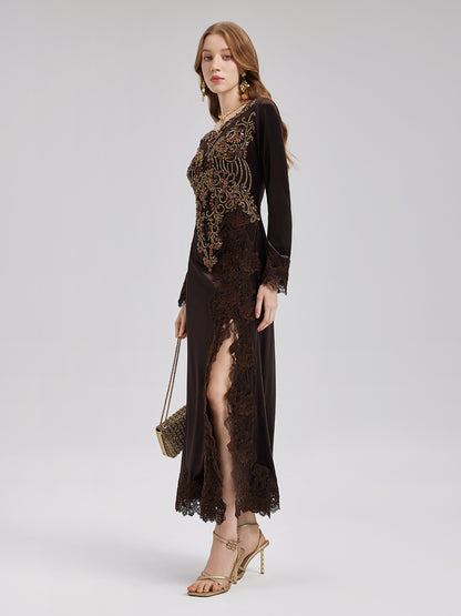 Couture Beaded Lace Velvet Gown