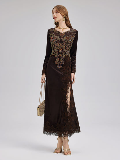 Couture Beaded Lace Velvet Gown