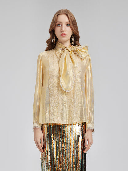 Gold Thread Lace Tie Neck Blouse