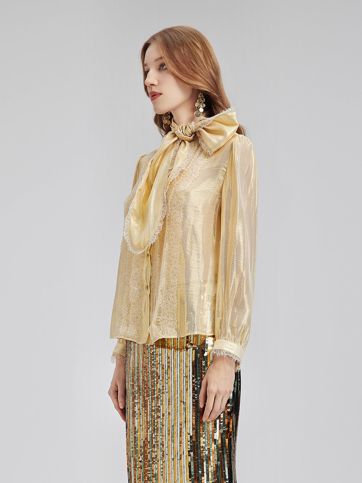 Gold Thread Lace Tie Neck Blouse