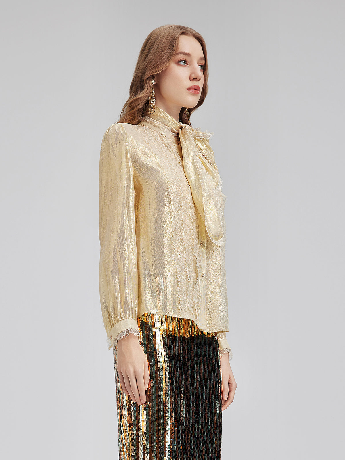 Gold Thread Lace Tie Neck Blouse