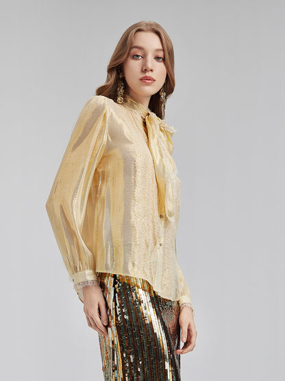 Gold Thread Lace Tie Neck Blouse