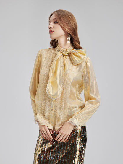 Gold Thread Lace Tie Neck Blouse