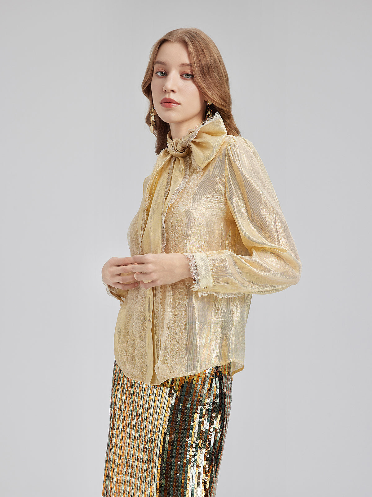 Gold Thread Lace Tie Neck Blouse