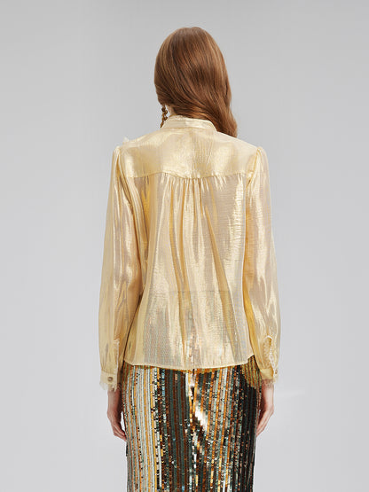 Gold Thread Lace Tie Neck Blouse