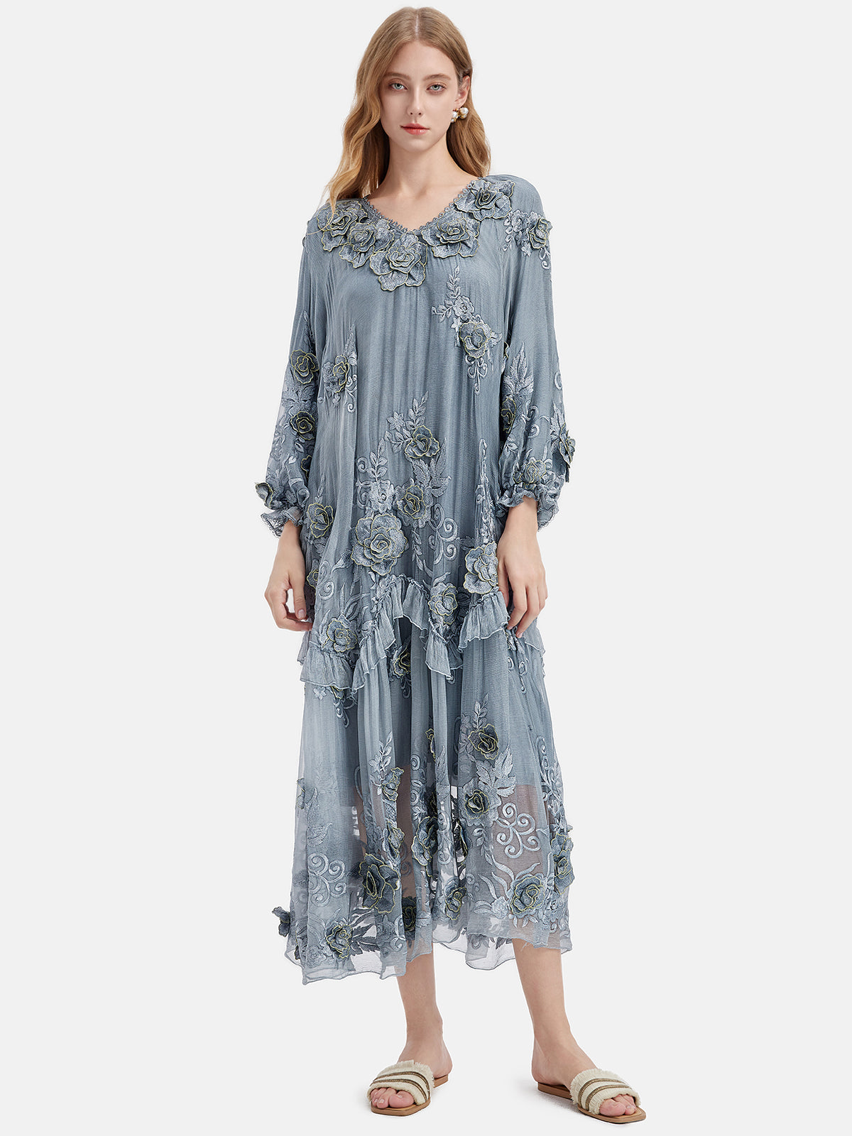 Silk Embroidered Floral Loose Dress