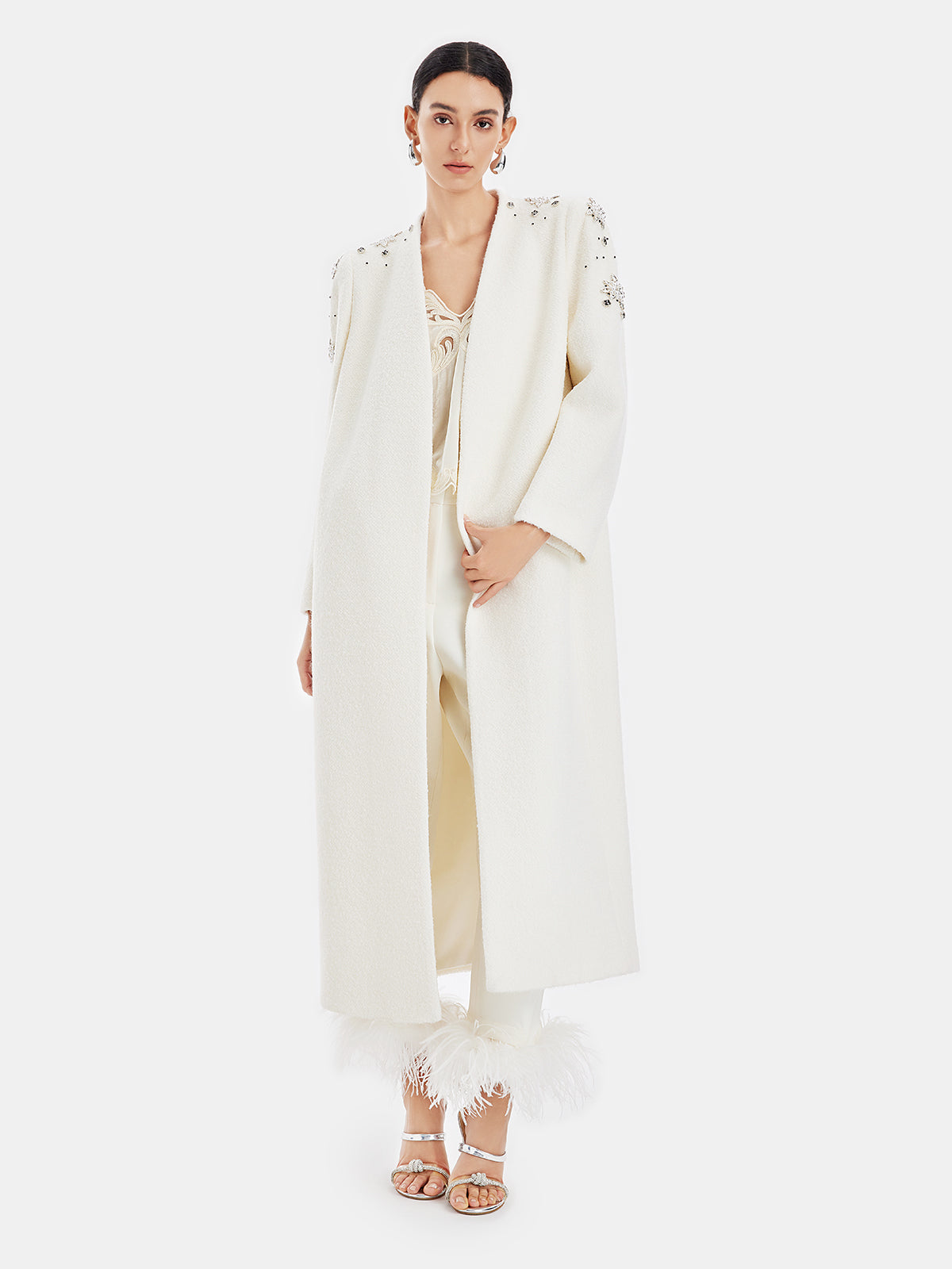 Minimalist Crystal Embellished Cashmere Coat