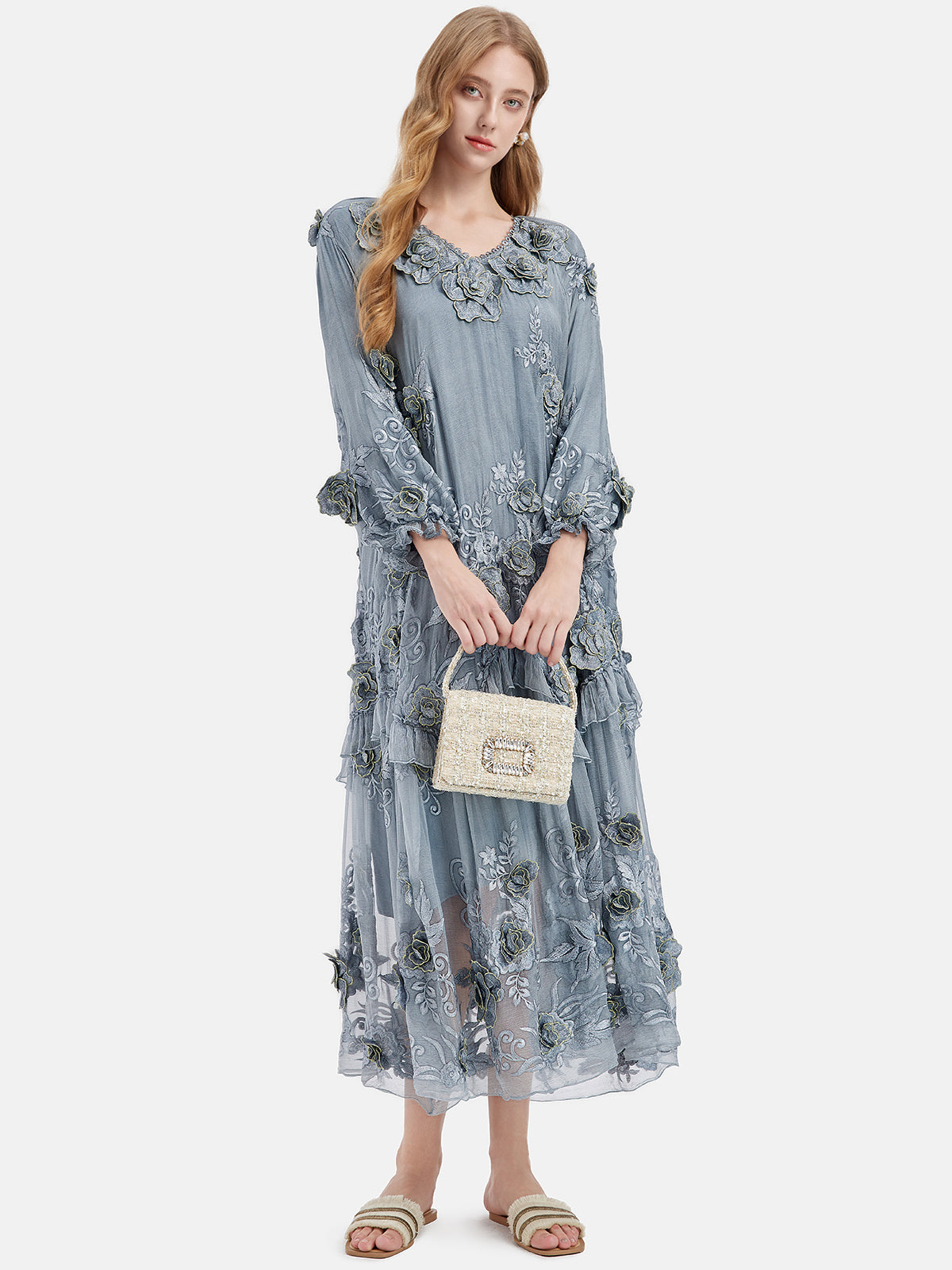 Silk Embroidered Floral Loose Dress