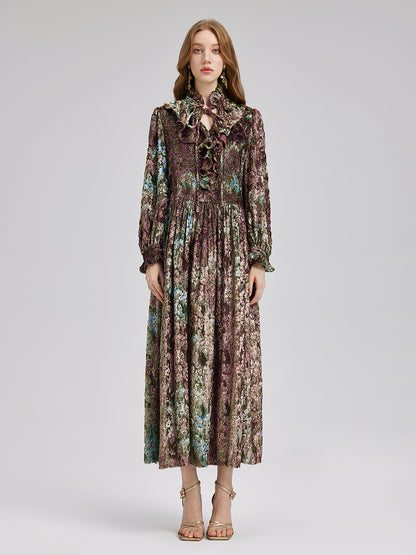 Burnt Velvet Gold Smudge Printed Lotus Collar Dress