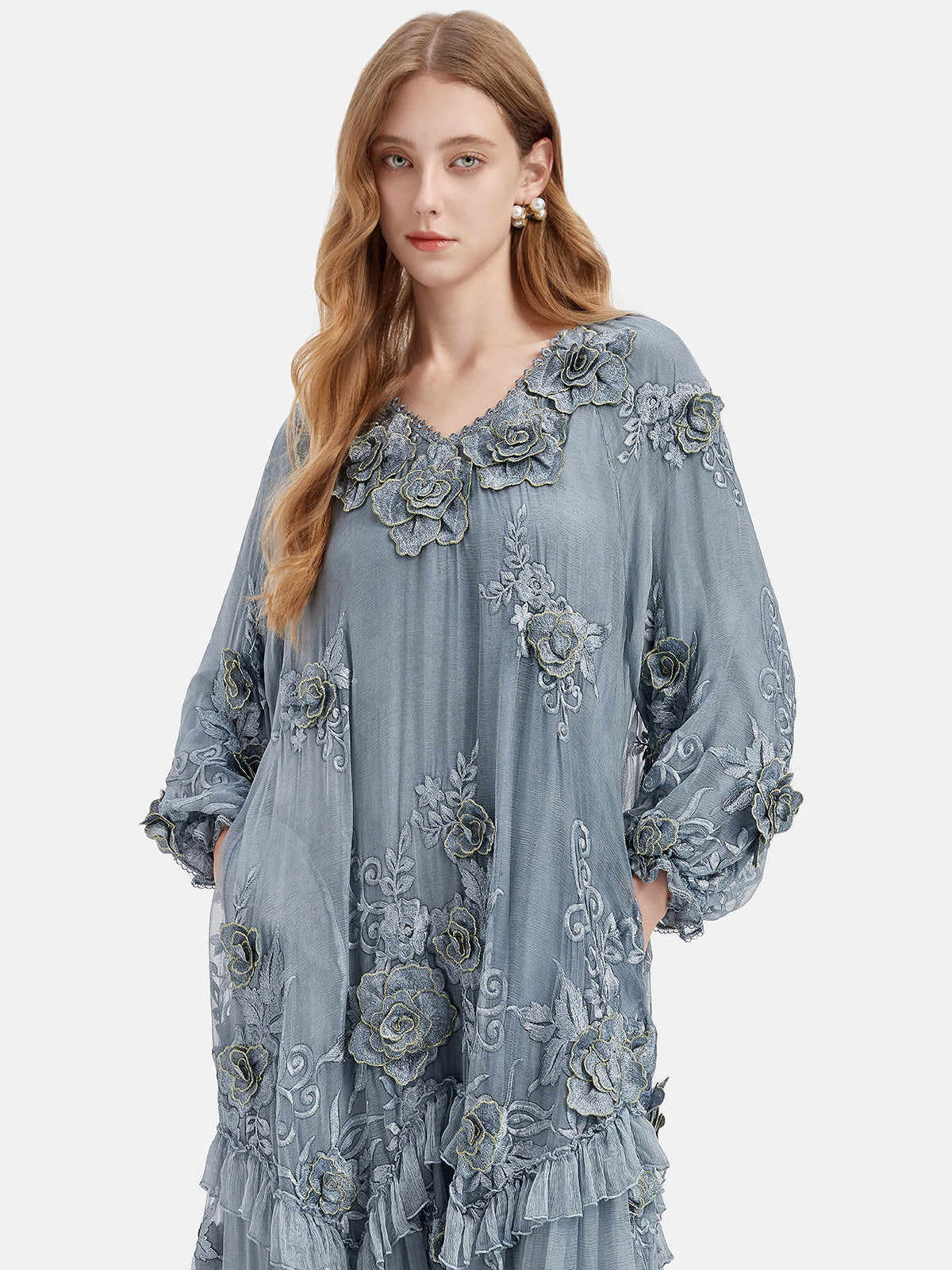 Silk Embroidered Floral Loose Dress