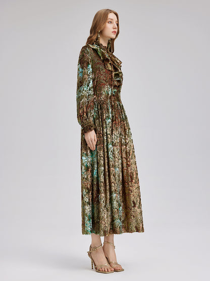 Burnt Velvet Gold Smudge Printed Lotus Collar Dress