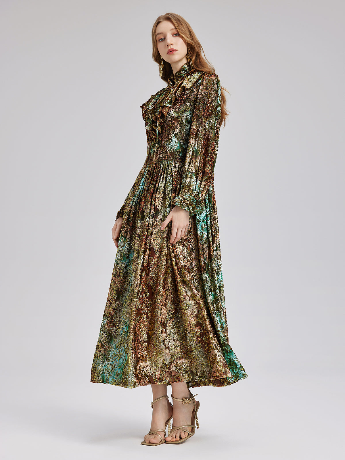 burnt velvet dress Burnt Velvet Gold Smudge Printed Lotus Collar Dress – RICHRADIQS