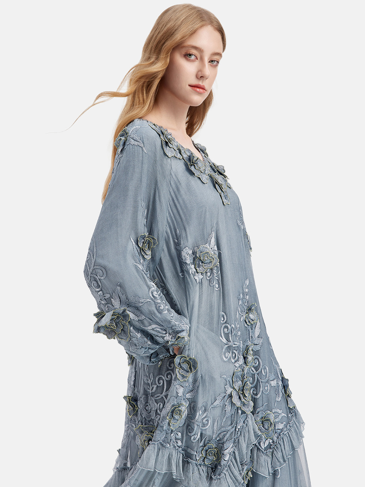 Silk Embroidered Floral Loose Dress