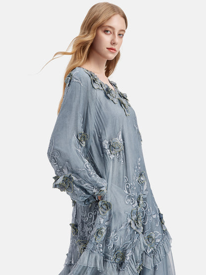 Silk Embroidered Floral Loose Dress