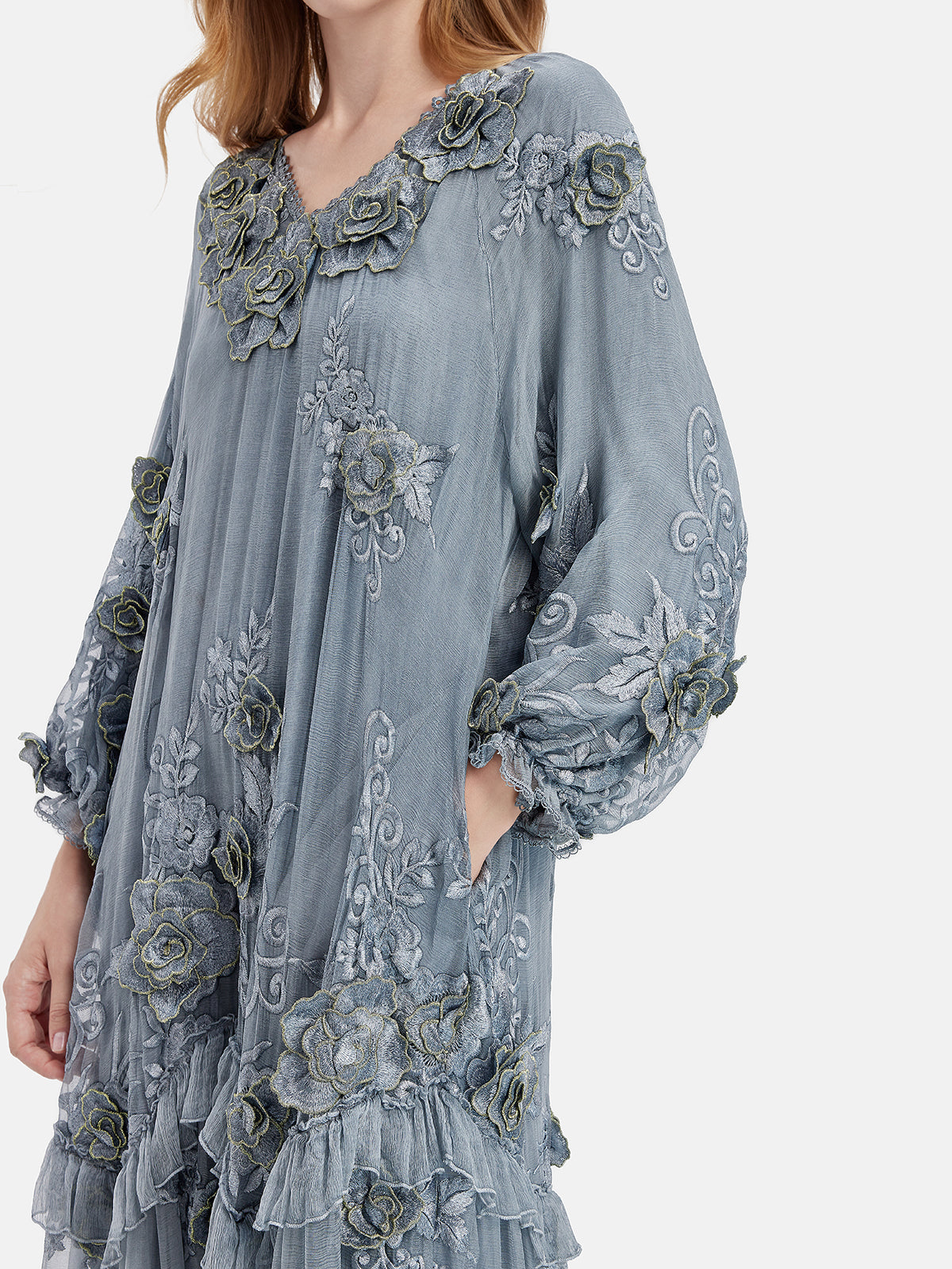 Silk Embroidered Floral Loose Dress