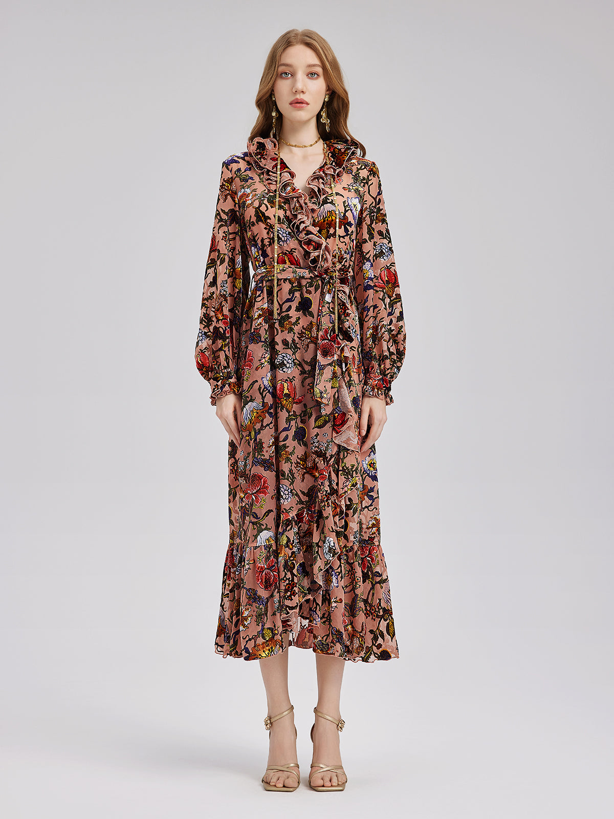 Poetically Printed Velvet Ruffle Dress