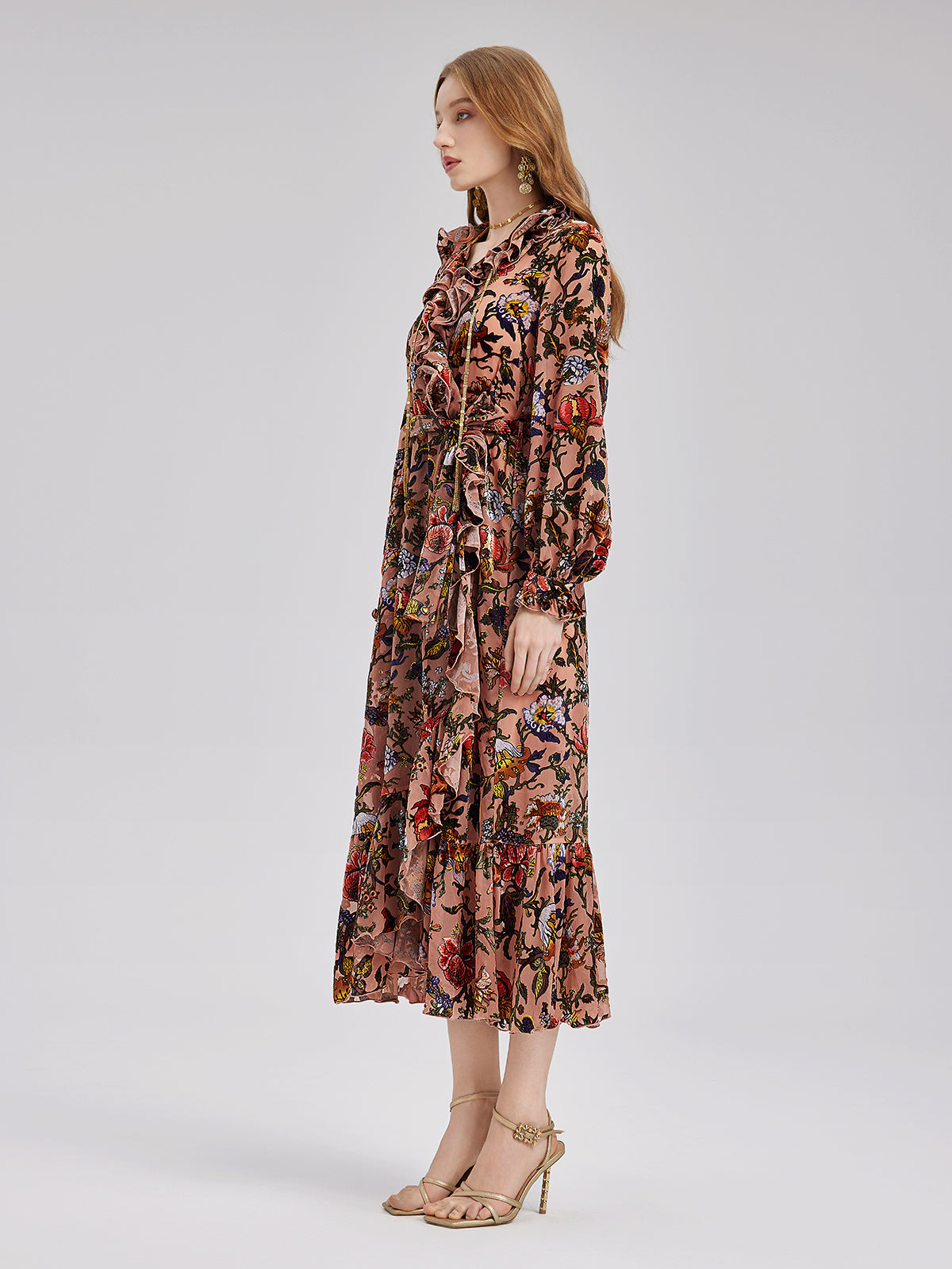 Poetically Printed Velvet Ruffle Dress