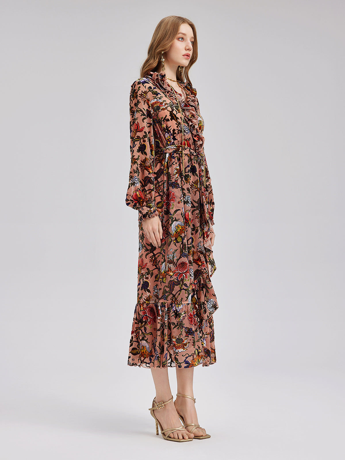 Poetically Printed Velvet Ruffle Dress