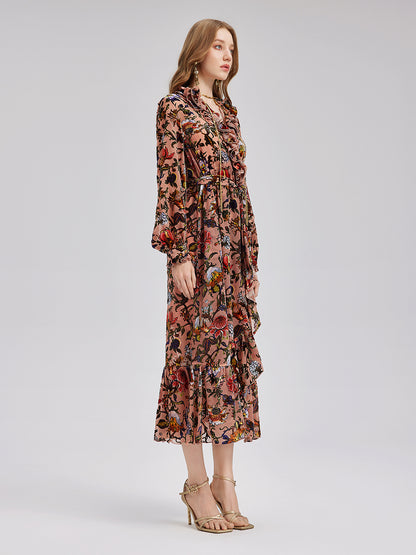 Poetically Printed Velvet Ruffle Dress