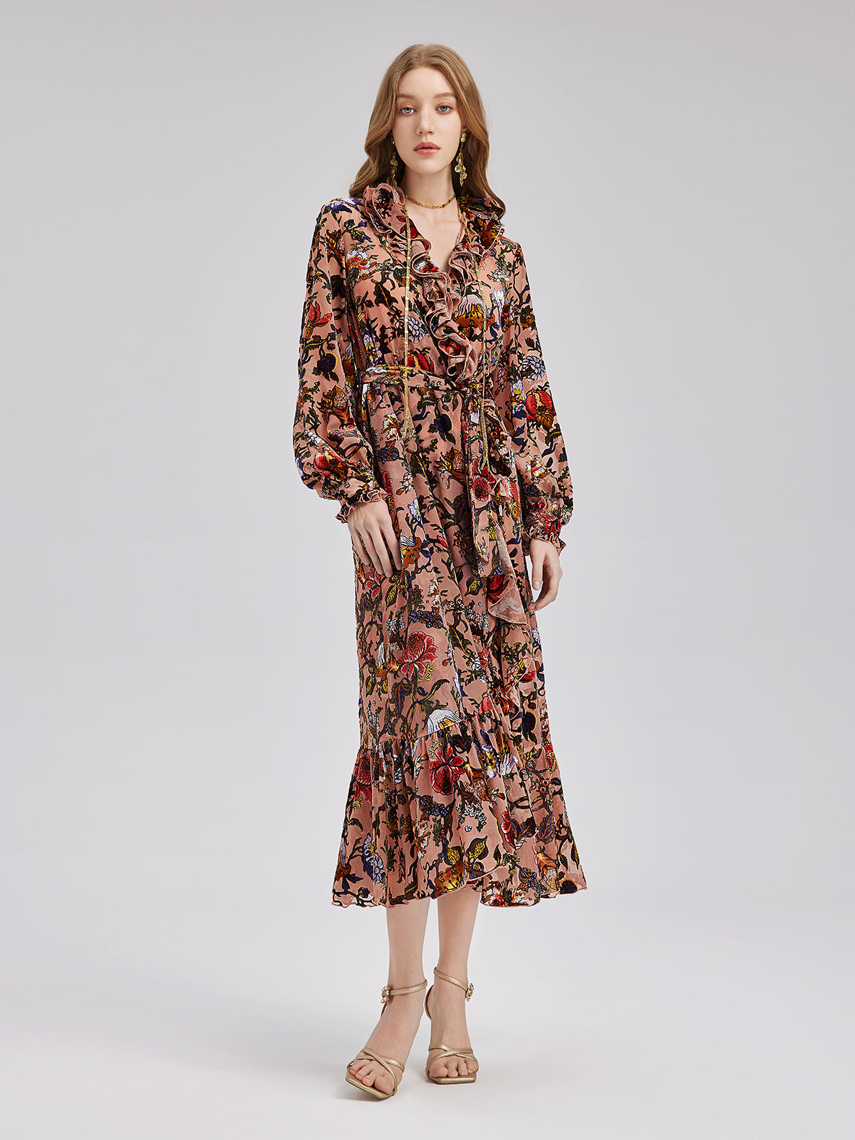 Poetically Printed Velvet Ruffle Dress