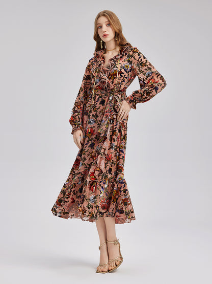 Poetically Printed Velvet Ruffle Dress