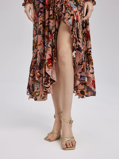 Poetically Printed Velvet Ruffle Dress