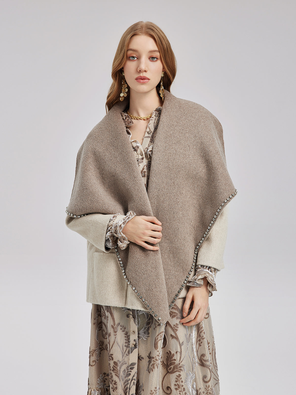 Rhinestone Embellished Couture Cashmere Cape Jacket