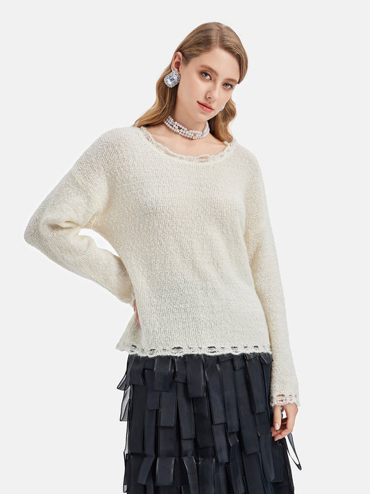 Raw-Edge Textured Knit Sweater