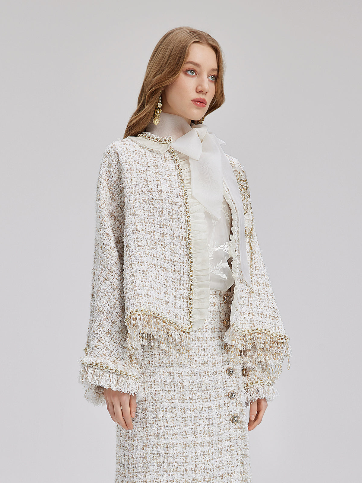 Heavy Beaded Raw-edge Tweed Jacket