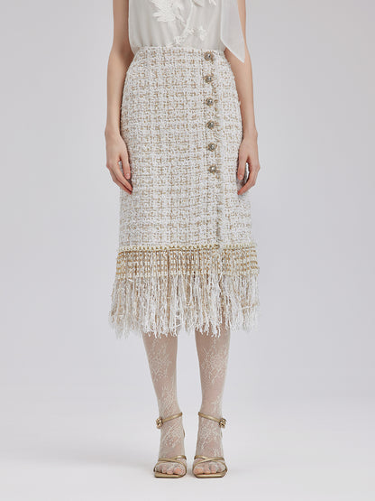 Heavy Beaded Raw-edge Tweed Skirt