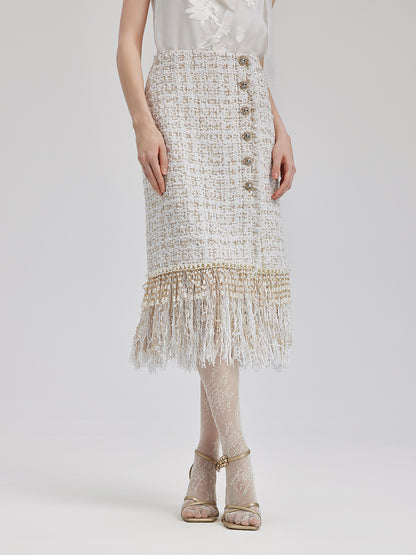 Heavy Beaded Raw-edge Tweed Skirt