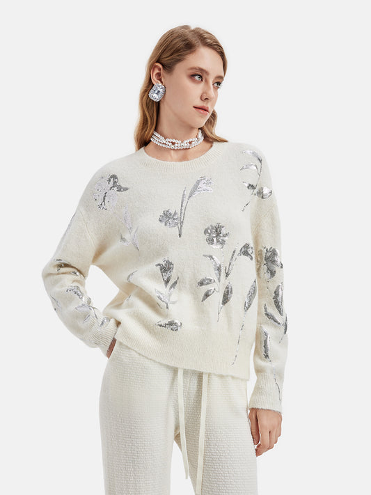 Silver Floral Embroidered Knit Sweater