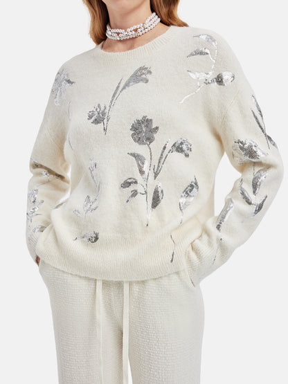 Silver Floral Embroidered Knit Sweater